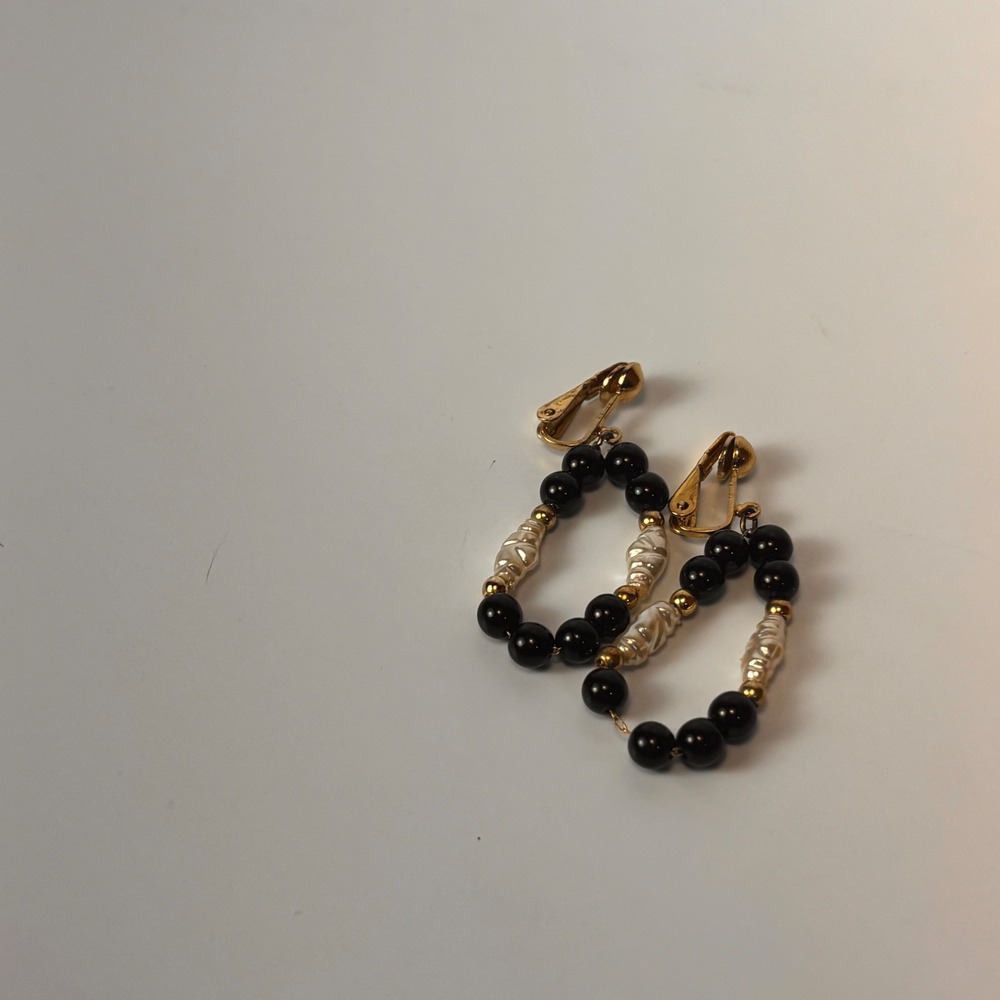 Vintage Clip On Earrings Black White Gold Beaded Hoop Dangle Statement Boho Goth